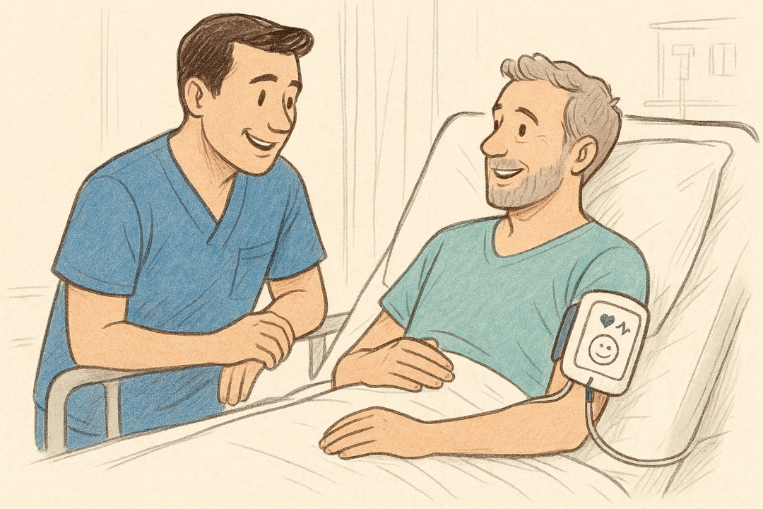 Verpleegkundige praat met patient. De patient draagt een monitor om zijn arm die de AI-agent voorstelt.